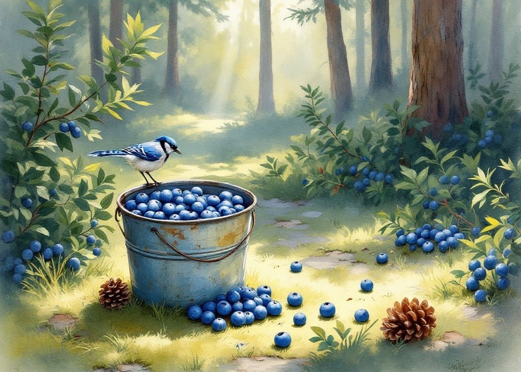 Aquarell einer Blechkanne voller Blaubeeren im Moos, daneben verstreute Beeren im gefleckten Sonnenlicht