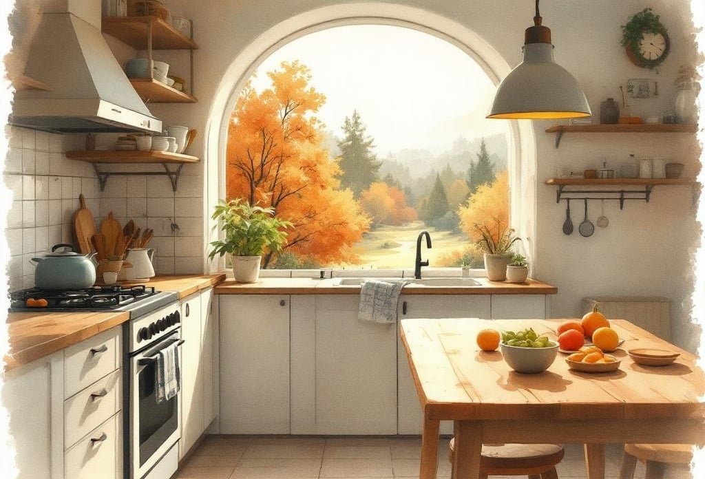 Aquarell einer gemütlichen Herbstküche mit Bogenfenster und Blick auf bunte Bäume
