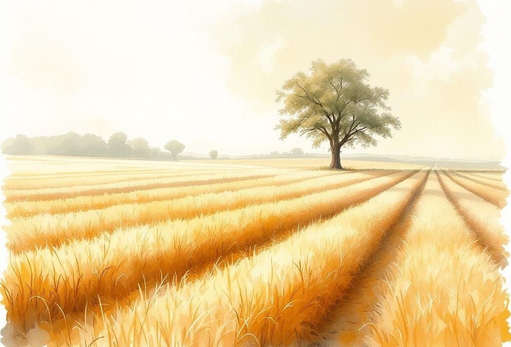 Aquarell eines Bauern, der mit der Heugabel frisches Heu auf den Wagen lädt