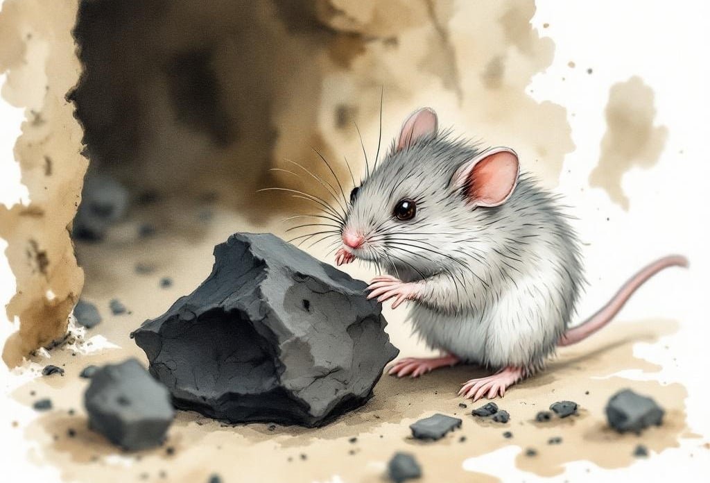 Aquarell einer kleinen grauen Maus, die an einem schwarzen Kohlestück schnuppert