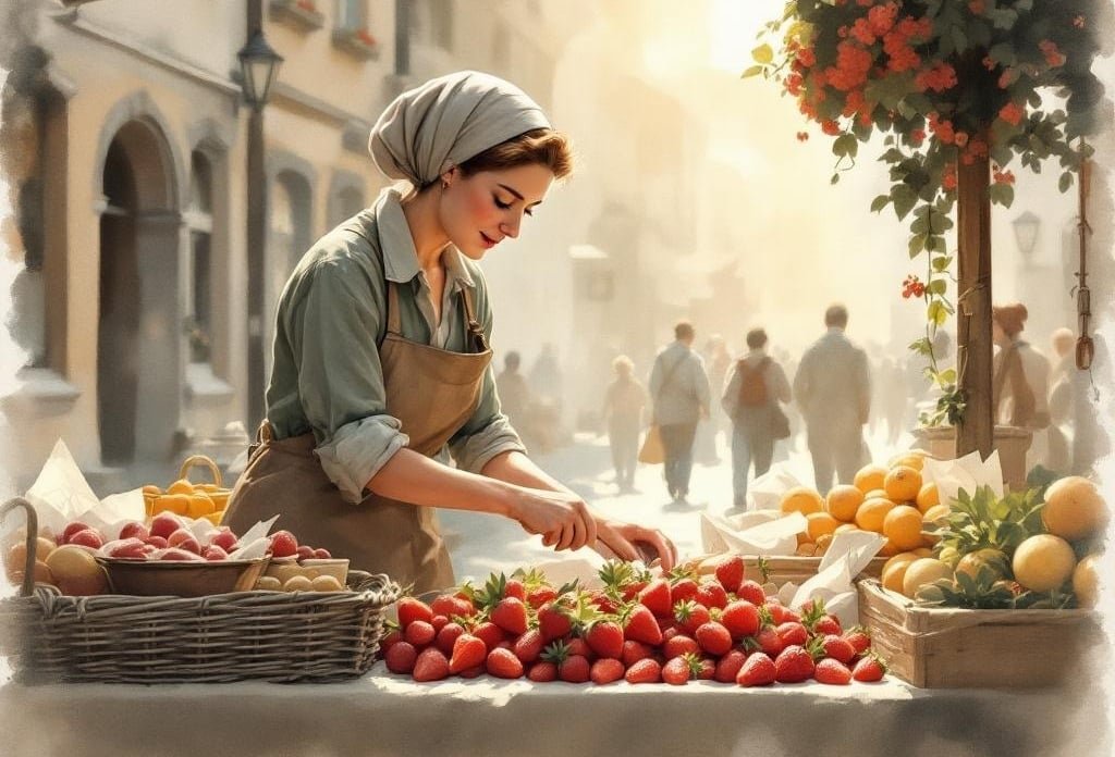 Aquarell einer Marktfrau im Kopftuch, die an ihrem Stand frische Erdbeeren ordnet
