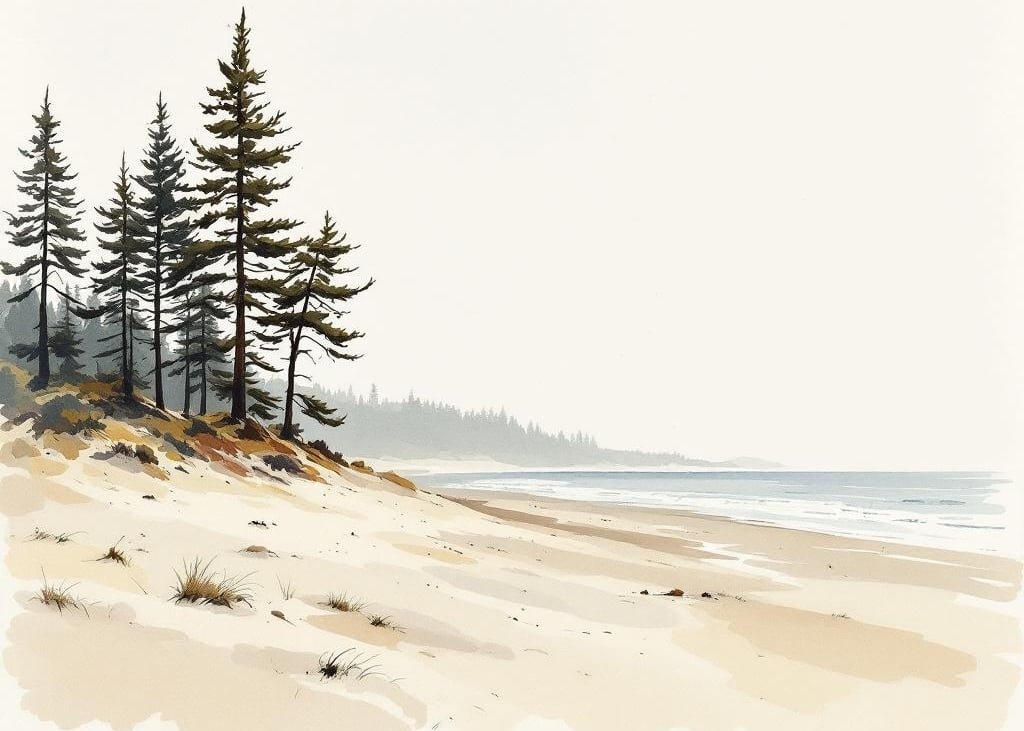 Aquarell eines leeren Ostseestrandes mit Kiefern auf der Düne und ruhiger See