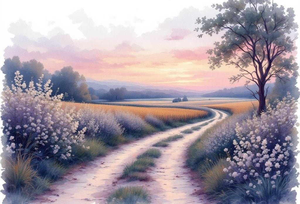 Aquarell eines geschwungenen Feldwegs zwischen blühenden Sträuchern im Abendrot