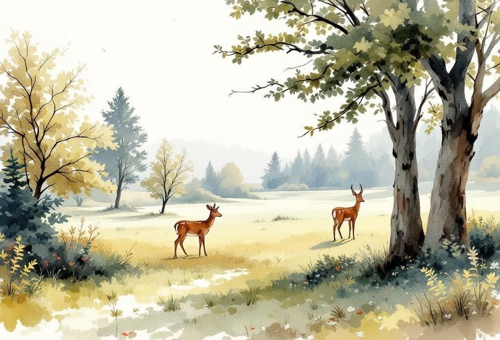 Aquarell eines jungen Rehs auf zarten Beinen im morgendlichen Garten am Waldrand